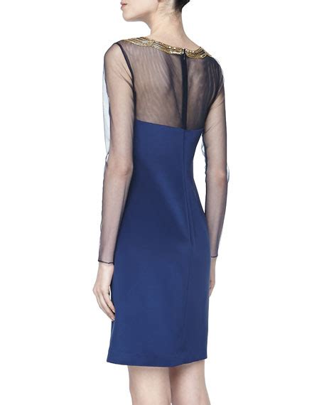 Notte By Marchesa Long Sleeve Beaded Neck Cocktail Dress Navy