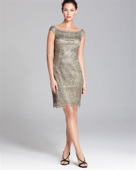 Kay Unger Sequin Lace Dress Boat Neck In Gray Lyst