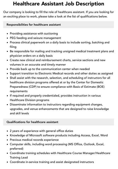 Healthcare Assistant Job Description Velvet Jobs