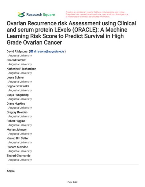 Pdf Ovarian Recurrence Risk Assessment Using Clinical And Serum Protein Levels Oracle A