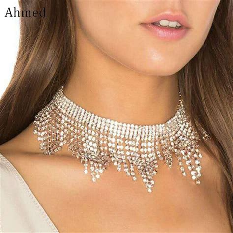 Ahmed Fashion Multilayer Tassel Rhinestone Pendant Choker Necklace For