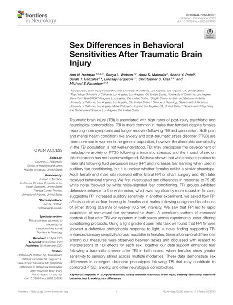 Pdf Sex Differences In Behavioral Sensitivities After Traumatic Brain