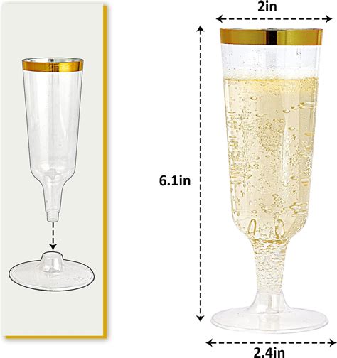 Jolly Chef 50 Pack Plastic Champagne Flutes Disposable 5 Oz Gold Rim