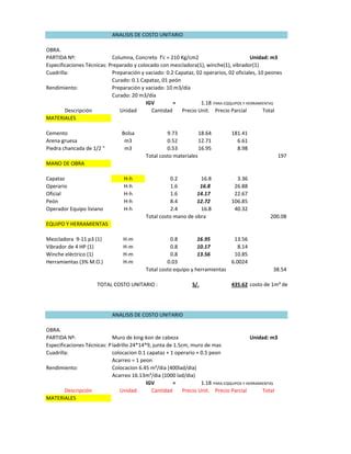 Analisis De Costos Unitarios Columnas Muros Encofrados Y