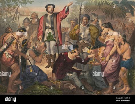 Christopher Columbus Among Indians In The New World Stock Photo Alamy