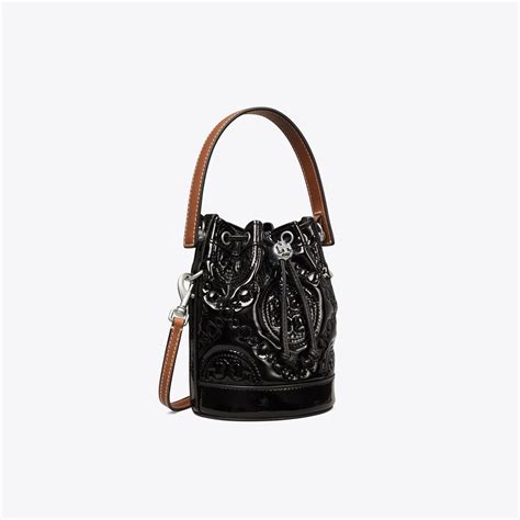 Mini T Monogram Embroidered Patent Bucket Bag Womens Handbags Crossbody Bags Tory Burch Uk