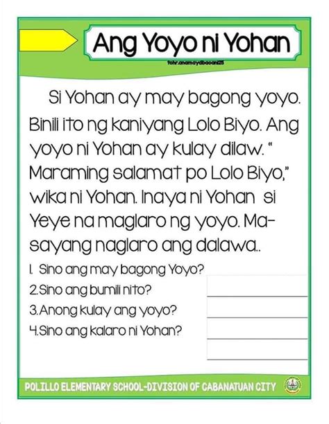 Grade 1 Reading Comprehension Filipino