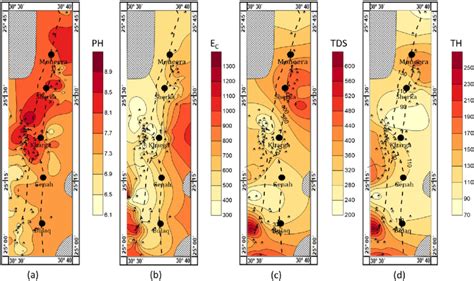 Spatial distribution maps of a pH b EC µs cm c TDS mg l and