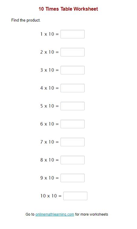 10 Times Table Worksheet (printable, online, answers)