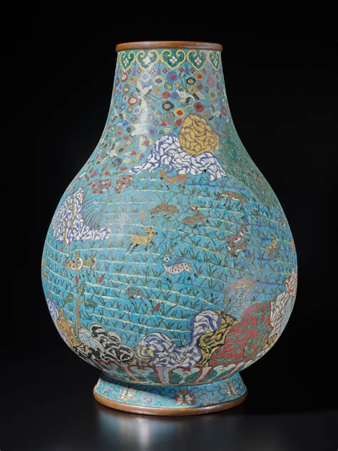 A large cloisonné enamel hundred deer pear shaped vase Hu Qing