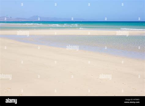 Incredible view of Costa Calma beach, blue clear lagoon. Playa Barca, Fuerteventura, Canary ...