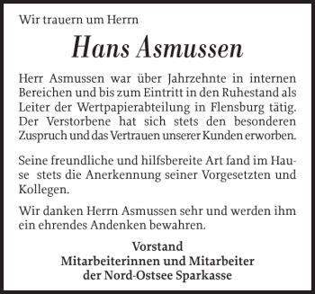 Traueranzeigen Von Hans Asmussen Sh Z Trauer