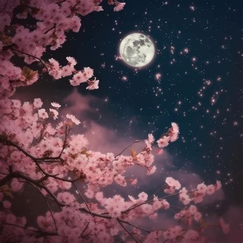 Premium Photo | A full moon is seen through a cherry blossom tree.