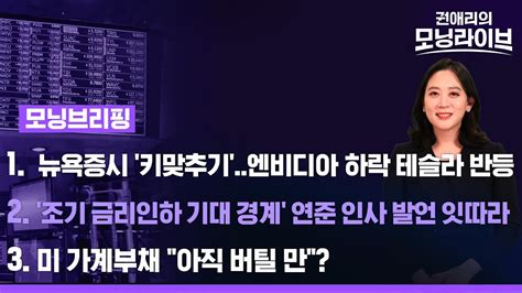 모닝브리핑 뉴욕증시 키맞추기엔비디아 하락 테슬라 반등 조기 금리인하 기대 경계 연준 인사 발언 잇따라