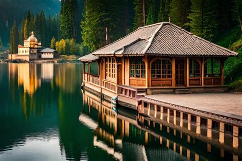 Un Cobertizo Para Botes Se Refleja En Un Lago Con El Reflejo De Una