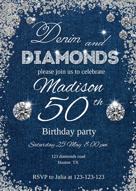 Denim And Diamonds Invitation For Any Age Editable Denim And Diamonds