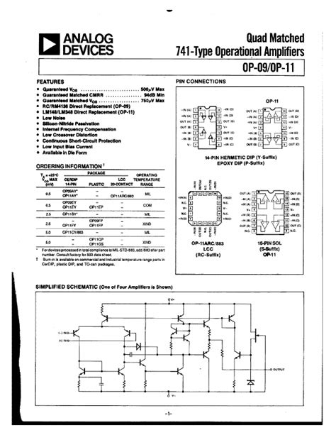 OP09 Datasheet Quad Matched 741 Type Operational Amplifiers