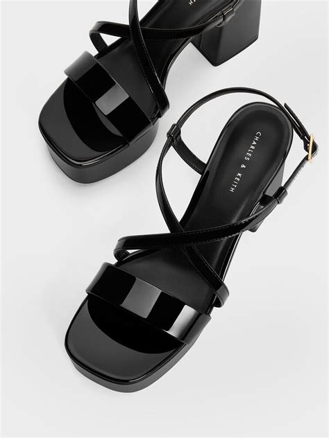 Black Patent Crossover Strap Platform Sandals Charles And Keith My