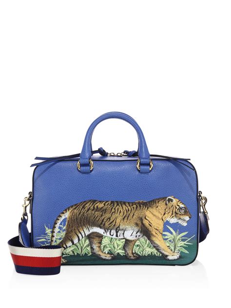 Gucci Tiger Print Leather Top Handle Bag In Blue Lyst