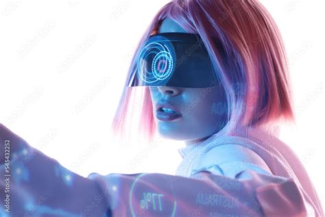 Woman In Futuristic Costume Female In Modern Vr Glasses Interacting