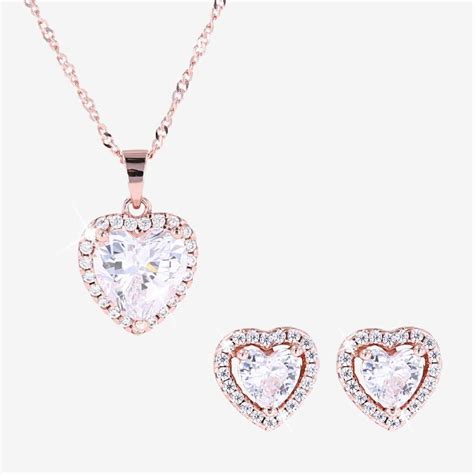 Silver Rose Gold Finish Heart Necklace And Earrings Set Warren James