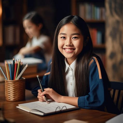 Premium Ai Image Academic Concept Smiling Junior Asian School Girl