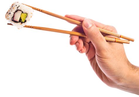 Hand Holding Sushi With Chopsticks Chutney De Mango Salsa Yakitori