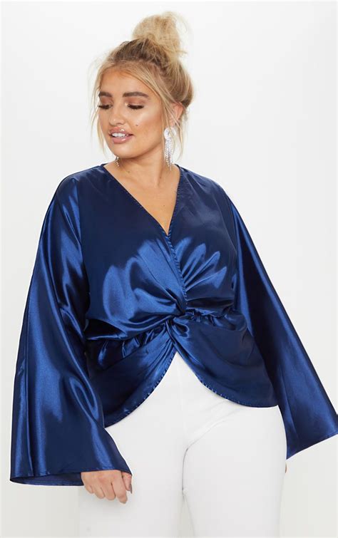 Plus Navy Satin Twist Front Blouse Prettylittlething Ca