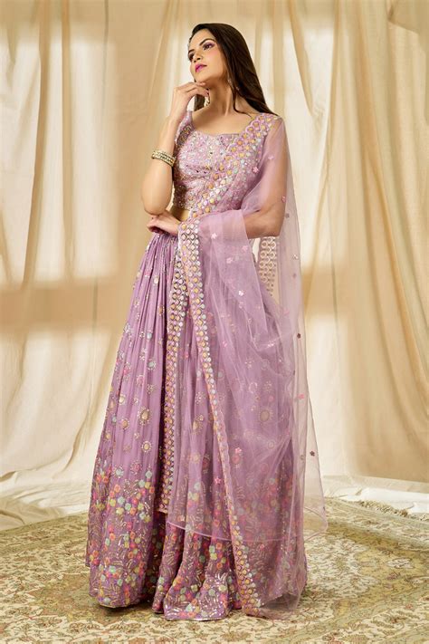 Buy Purple Blouse Dola Silk Embroidery Sequin Deep Round Lehenga Set