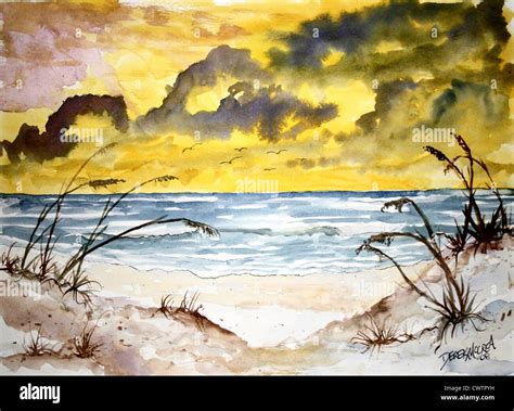 Beach Watercolor Modern Art Painting Yellow Paintings Abstract Beaches