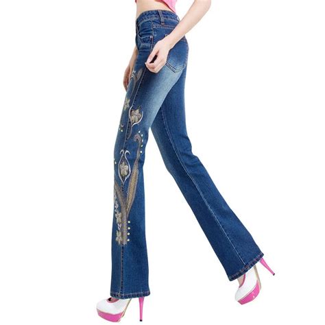 Women Jeans With Embroidery High Waist Woman Embroidered Slim Flare