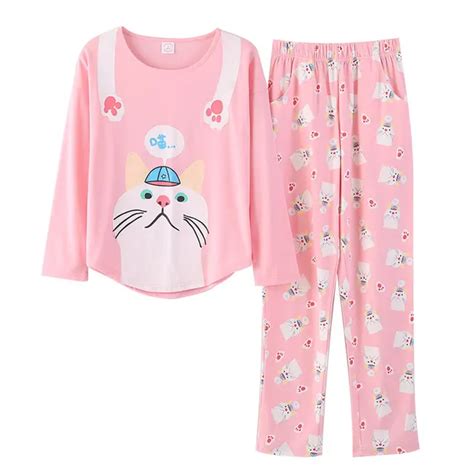 Cute Cat Top Cat Print Pant Pajamas Sets Cotton Nightwear Big Yards M