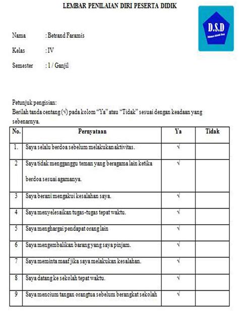 Contoh Lembar Penilaian Diri Peserta Didik Format K13 Dem