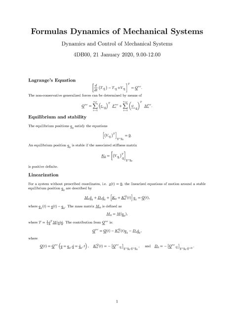 Formuleblad Dynamica Formula Page For Dynamics Course Formulas