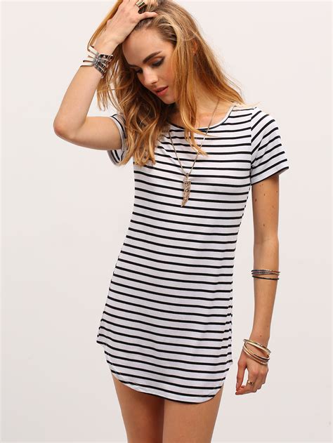 Contrast Striped Curved Hem T Shirt Dress Shein Sheinside