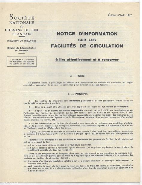 Notice d information sur les facilités de circulation SNCF année 1967