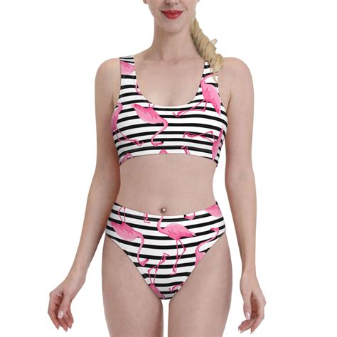 Daiia Flamingos Women S Bikini Swimsuit Two Piece Swimsuit High Waisted