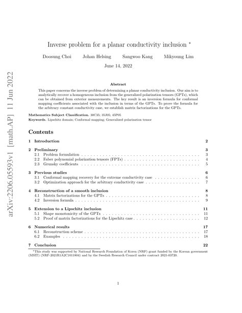 Pdf Inverse Problem For A Planar Conductivity Inclusion