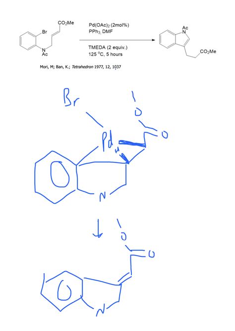 Can someone explain Heck stereochemistry? I don't see how they got the product. I have drawn the ...