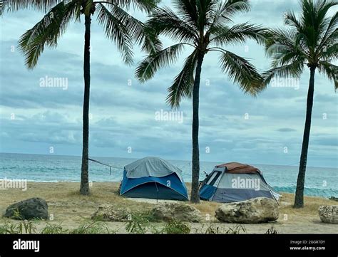 Tents From A Homeless Encampment On A Beach On Oahus Western Shore