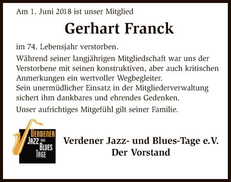 Traueranzeigen Von Gerhart Franck Trauer Kreiszeitung De