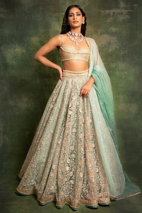 Buy Cedar And Pine Gold Tulle Floral Embroidered Lehenga Set Online Aza