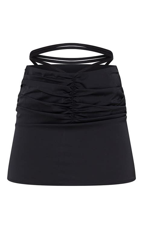 Black Ruched Front Tie Waist Mini Skirt Prettylittlething Usa