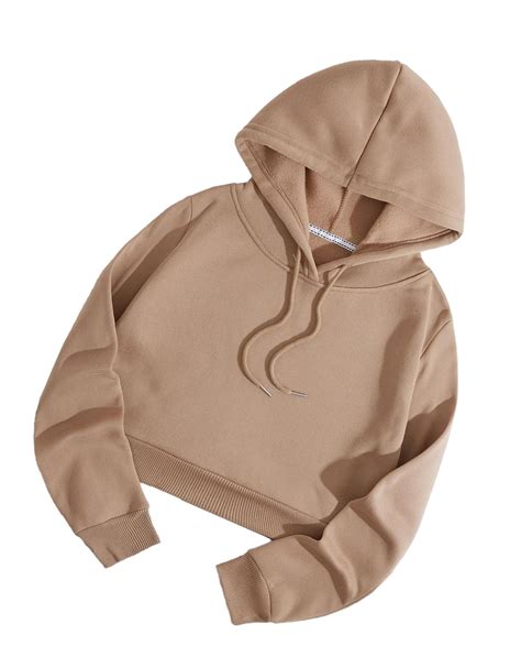 Casual Plain Hooded Pullovers Long Sleeve Apricot Women Sweatshirts