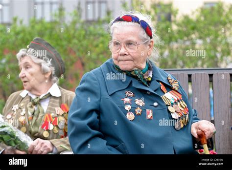 Russian Women Veterans Celebrating The Victory Over Germany In World