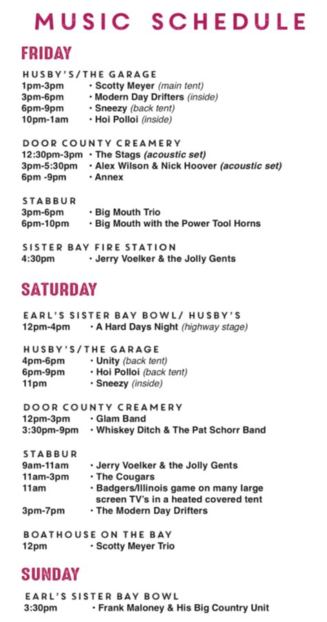 2019 Sister Bay Fall Fest Music Schedule - Door County Pulse