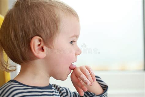Funny Babe Blondes Licks Finger With Yogurt Stock Image Image Of Food Suck