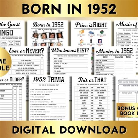 70th Birthday Party Games Printable Born In 1952 1950s Game Etsy