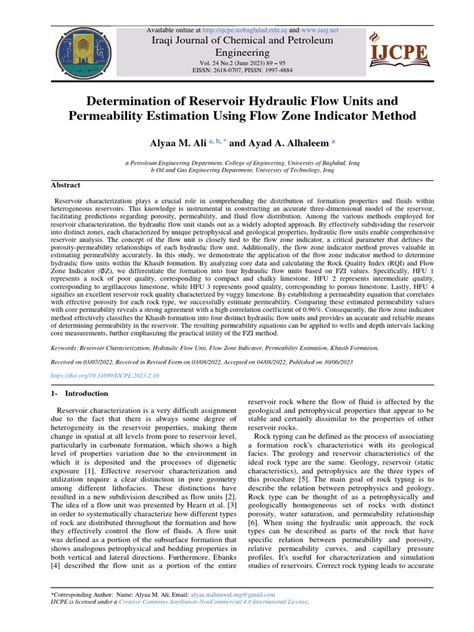 Determination of Reservoir Hydraulic Flow Units and Permeability ...