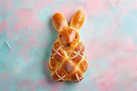 Overhead View Of An Easter Bunny Rabbit Made From Hot Cross Buns Stock Image Image Of Pastry